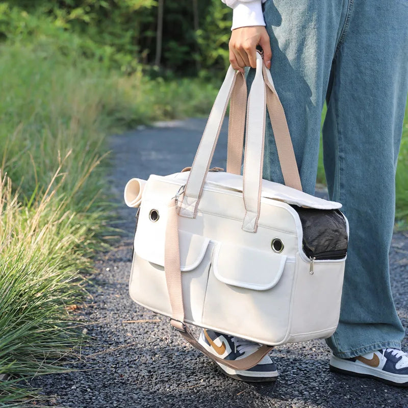New crossbody cat bag  portable pet bag  outdoor breathable canvas handbag  foldable dog bag for going out